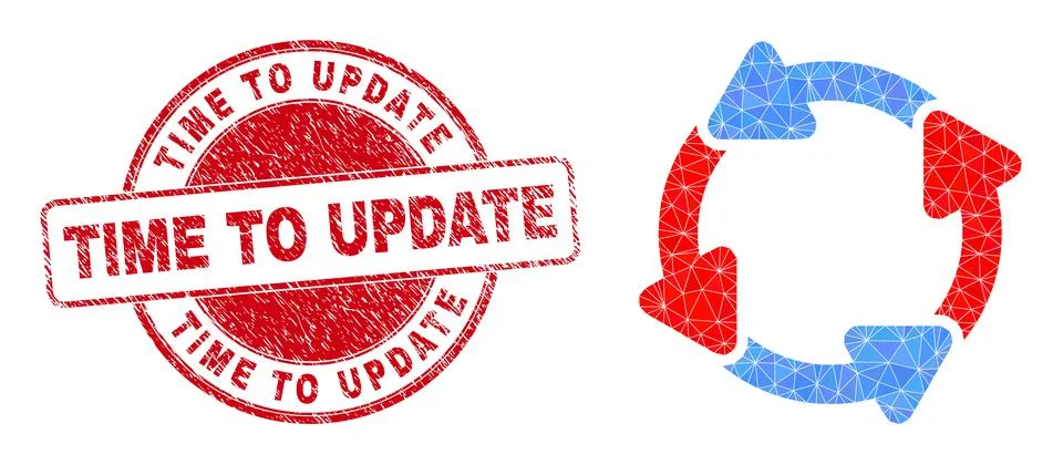 Rubber Time to Update Round Stamp and Circulation Arrows Low-Poly Icon Illustrazione stock