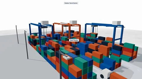 Rubber tyred gantry cranes stacking containers in port yard 3D animation Stock Footage 339888648