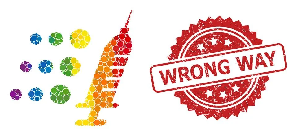 Rubber Wrong Way Stamp and Bright Colored Fast Vaccine Mosaic Stock Illustration