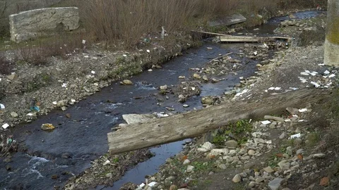 Rubbish on the river. Garbage in a mountain river. Environmental pollution Stock Footage 98773666