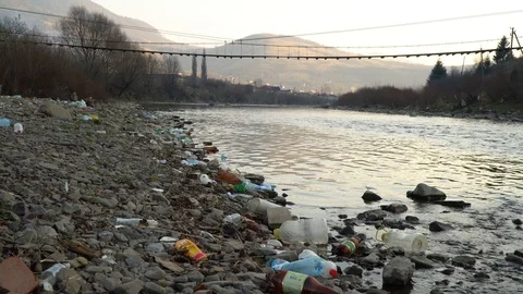 Rubbish on the river. Garbage in a mountain river. Environmental pollution Video stock 98773749