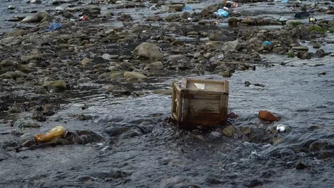 Rubbish on the river. Garbage in a mountain river. Environmental pollution Video stock 98840182