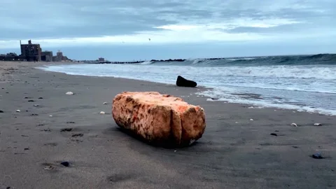 Rubbish on a sandy beach by the ocean. Stock Footage 147148873