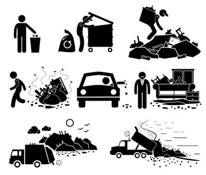 Rubbish Trash Garbage Waste Dump Site Stick Figure Pictogram Icons Illustrazione stock