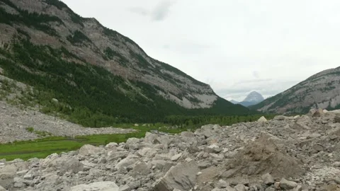 The rubble of Frank Slide at the base of Turtle Mountain. Stock Footage 139942710