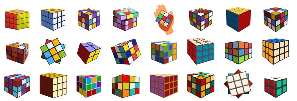 Rubik cube icons set. Set of colorful cube puzzles in various configurations, Stock Illustration