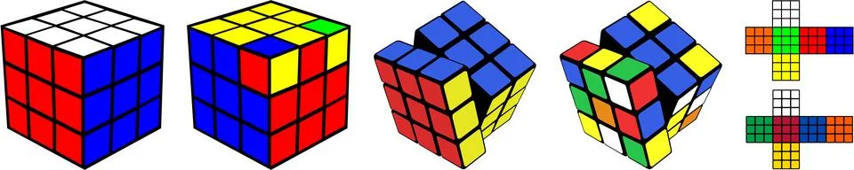 Rubik's Cube puzzle set. Unsolved game, with solution, net color scheme 3D Illustrazione stock