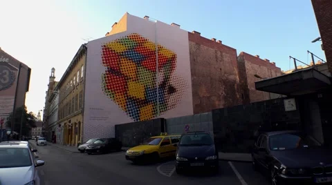 Rubik's Cube on the wall of a building in Budapest. 4K. Stock Footage 55456366