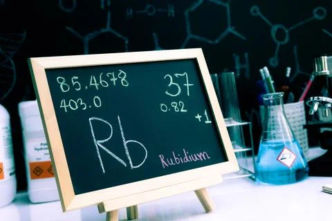 Rubldium and symbol structural formula chemical on the blackboard Stockfoto's