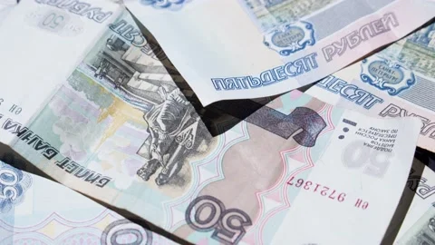 Ruble banknotes. Lots of bills Video stock 233954448