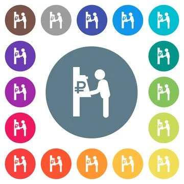 Ruble cash machine flat white icons on round color backgrounds Stock Illustration