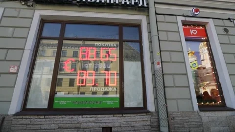 Ruble suffers biggest drop in a year against dollar and euro, ST. PETERSBURG, RU Stock Footage 237703569
