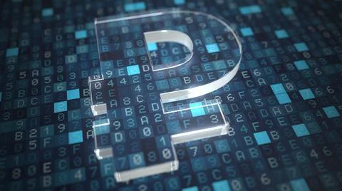 Ruble symbol on a blue computer screen background. Fintech or modern digital Stock Illustration