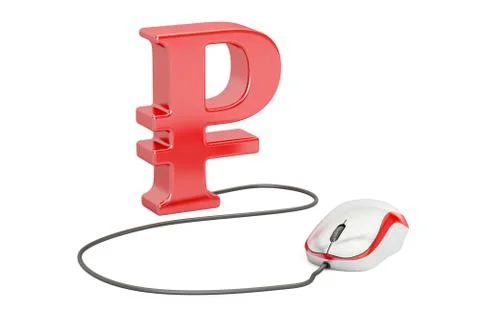 Ruble symbol with computer mouse. Make money online concept, 3D illustration Illustrazione stock