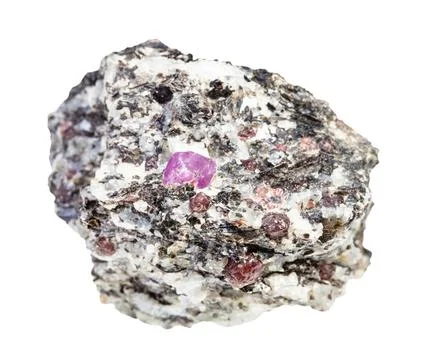 Ruby and corundum crystals in rough gneiss rock closeup of sample of natur... Stock Photos
