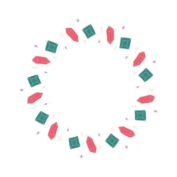 Ruby and Emerald Gemstone Frame with Crystals Circle Border Vector Illustration Stock Illustration