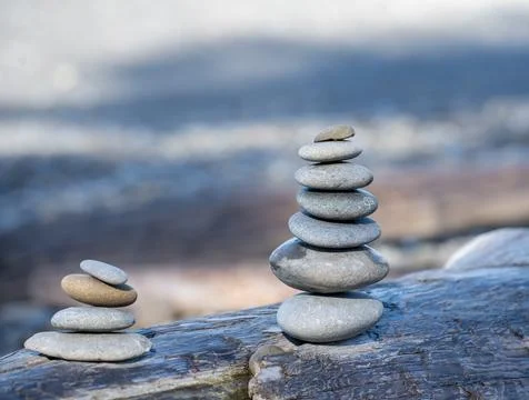 Ruby Beach, WA - USA - Sept. 21, 2021: Horizontal view of cairns, piled up ro Stock Photos