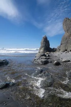 Ruby Beach, WA - USA - Sept. 21, 2021: Vertical view of the sea stacks of Rub Stock Photos