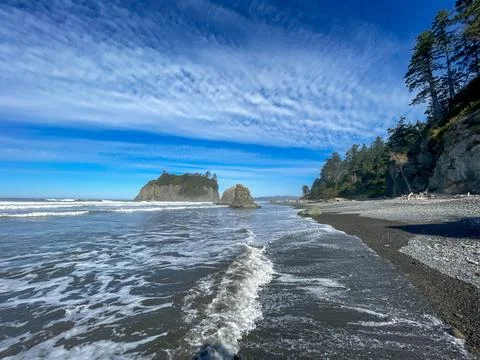 Ruby Beach, WA - USA - Sept. 21, 2021: Horizontal view of the sea stacks of R Stock Photos