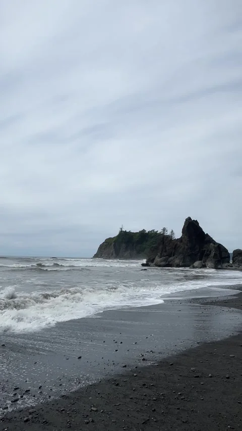 Ruby Beach waves wash ashore near a tree topped sea stack Stock Footage 321505170