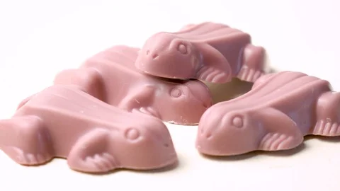 Ruby chocolate macro close up on pale pink background, rotating dolly shot. Video stock 122850232