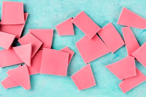 Ruby chocolate, shot from above on a blue background 스톡 사진