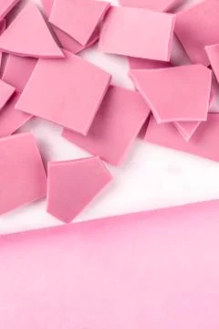 Ruby chocolate, shot from above on a pink background with copy space 写真素材