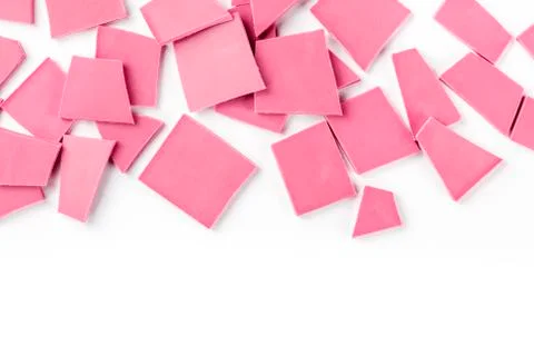 Ruby chocolate slices, overhead shot on a white background with a place for text 스톡 사진