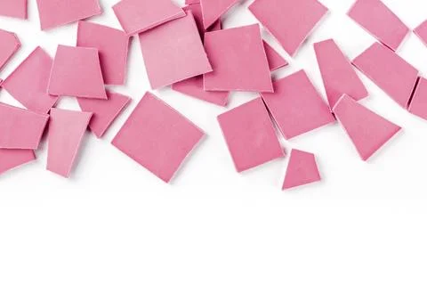 Ruby chocolate slices, overhead shot on a white background with a place for text Stock Photos