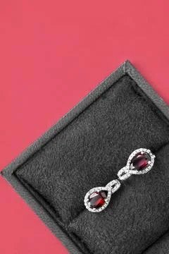 Ruby earrings in a box Stock Photos