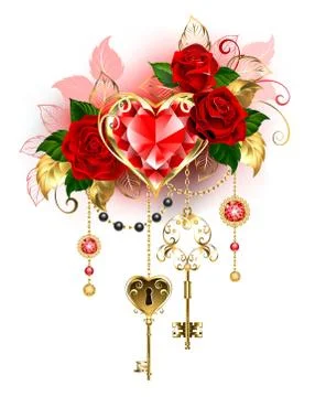 Ruby heart with roses Stock Illustration