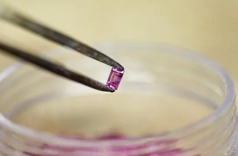 Ruby held by tweezers on the background of rubies in the bo 写真素材