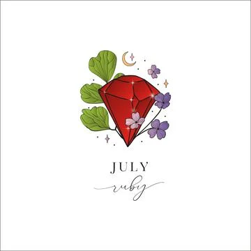 Ruby, July. Colored Flowered Hand Painted Birthstones Gem Illustration. Stock Illustration