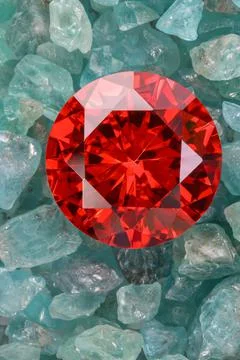 Ruby red on raw sky blue gemstones 库存照片