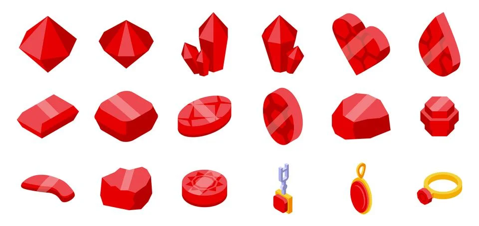 Ruby rock icons set isometric vector. Magic gem stone Stock Illustration