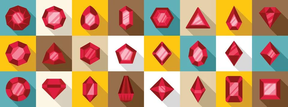 Ruby rock icons set. Set of various shapes red gemstones shining with flat Stock Illustration