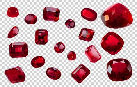 Ruby Set of real red jewels isolated on transparent background Princess cut j Stock Illustration