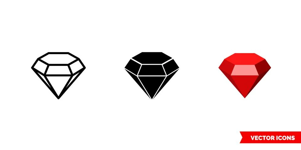 Ruby symbol icon of 3 types color, black and white, outline. Isolated vector Illustrazione stock