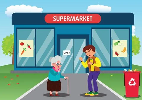 The rude behavior of a boy towards an old woman in front of a Supermarket Stock Illustration