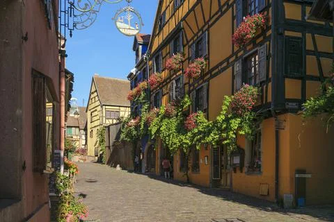 Rue du General de Gaulle, Riquewhir, Alsace, Alsatian Wine Route, Haut-Rhin, Stock Photos