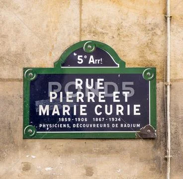 Rue Pierre et Marie Curie - old street sign in Paris Stock Photos