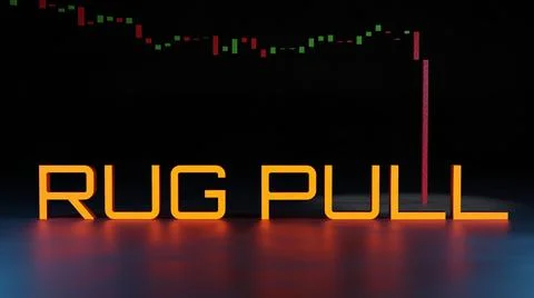 Rug pull cryptocurrency and candle stick chart graph sign text object , 3D il 스톡 일러스트