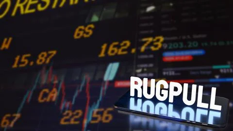 The rug pull  on tablet for cryptocurrency crime concept 3d rendering. Stock Illustration
