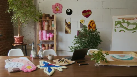 Rug Tufting Studio with Computer and Tools Stock Footage 316492279