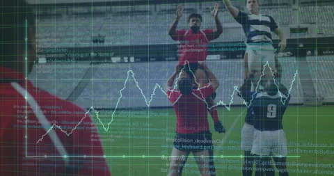 Rugby athletes contesting line-out after hooker throwing ball, with code and Stock Footage 310153699