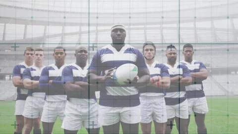 Rugby captain posing with teammates grid lines flickering camera zooming showing 動画素材 316338590