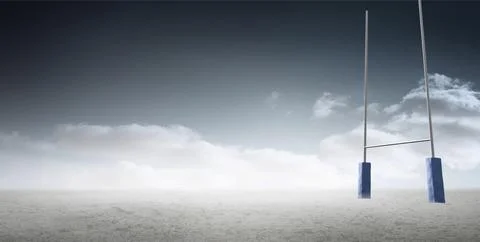 Rugby goalposts with blue padding are standing on dusty field under cloudy sky 스톡 일러스트