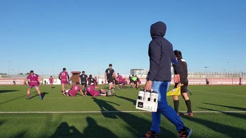 Rugby player being blocked at end zone, slow motion Stock Footage 280849409