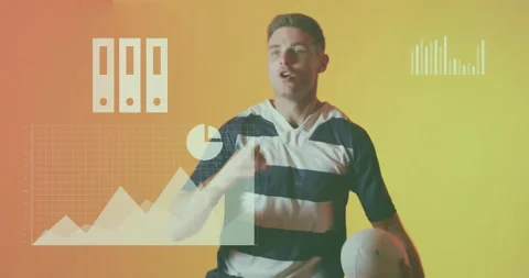 Rugby player holding ball with data charts and graphs overlay animation Stock Footage 305519050