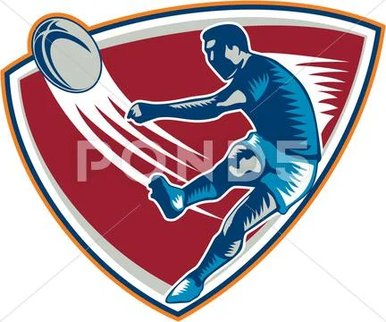 Rugby player kicking ball shield woodcut Stock Illustration